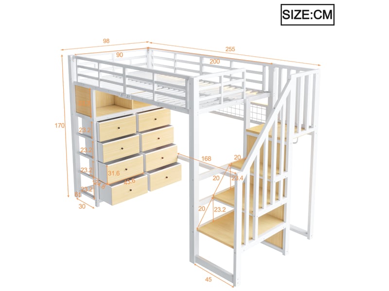  Lit mezzanine enfant 90x200 cm blanc avec 8 tiroirs, led 7 couleurs et rangement intégré, sans matelas  - Conforama C