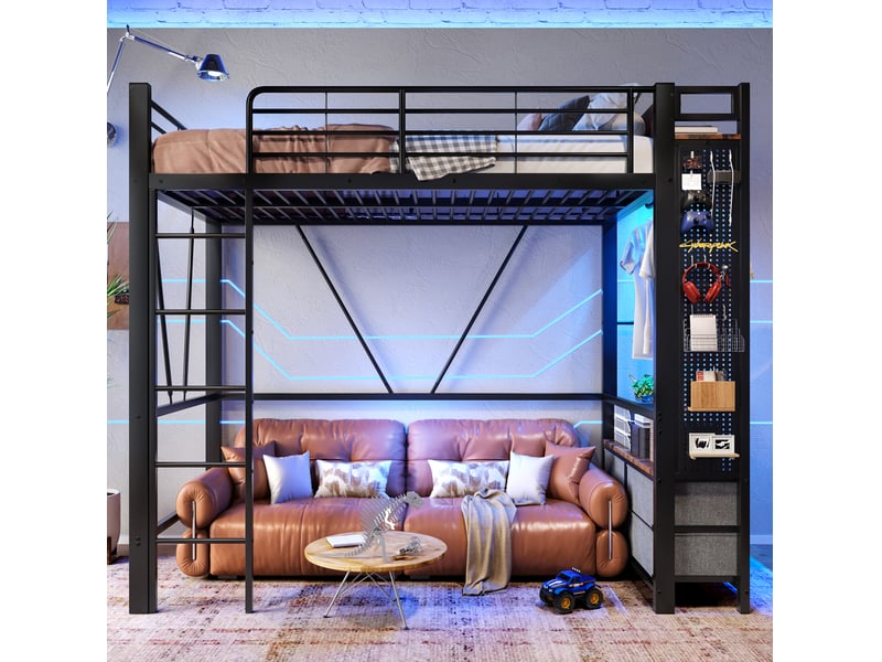  Lit mezzanine 90x200 cm en métal et mdf avec rangements, led et échelle, noir  - Conforama D