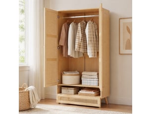 Armoire 2 portes avec penderie et coffre bas relevable, façades effet cannage, pour chambre, naturel, 90 × 45 × 183 cm