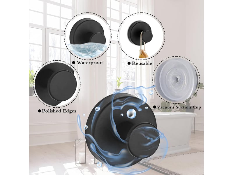  Lot de 4 crochets muraux à ventouse puissants, fixation sans perçage étanche et réutilisable, support de rangement pour cuisine et salle de bain, noir  - Conforama C