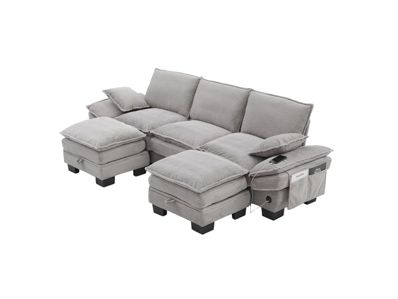  Canapé modulable 3 places en velours côtelé gris clair avec 2 poufs, usb-c et rangement pour le salon  - Conforama A