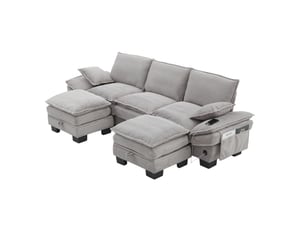 Canapé modulable 3 places en velours côtelé gris clair avec 2 poufs, usb-c et rangement pour le salon