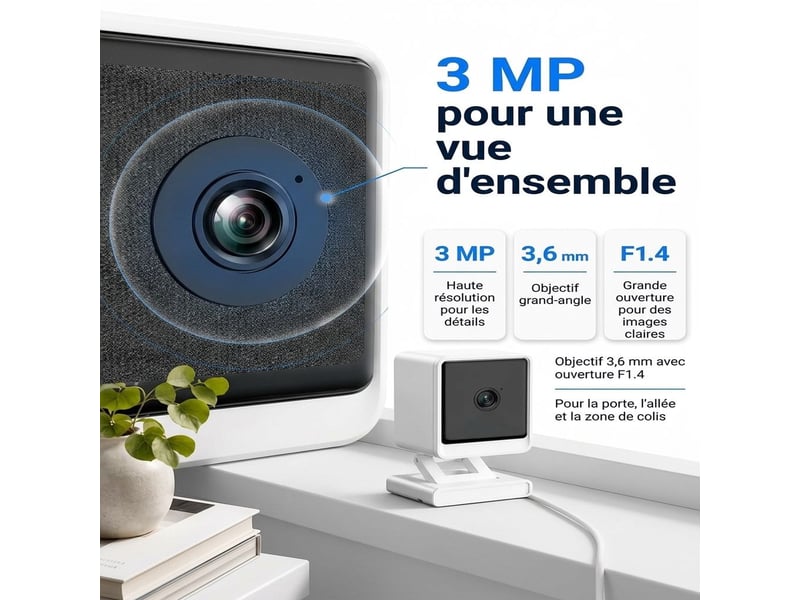  Caméra de surveillance intérieure pour fenêtre 3mp wifi double bande 2,45 ghz – caméra connectée anti-reflet sans perçage avec détection de mouvement et vision à travers vitre  - Conforama D