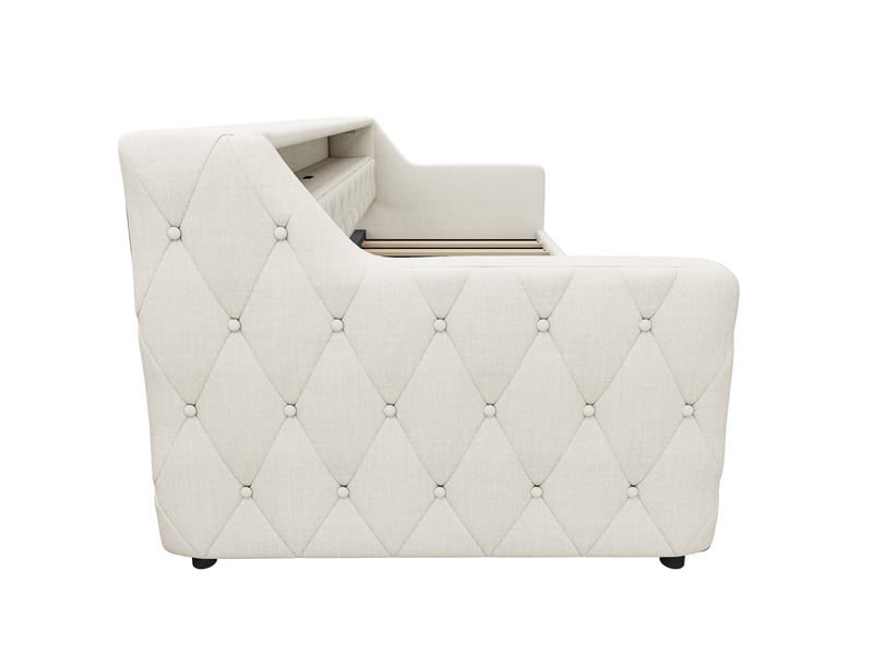  Lit de jour 90x200 cm en lin beige, lit coffre hydraulique avec tête de lit led multicolore et ports usbtype-c  - Conforama W