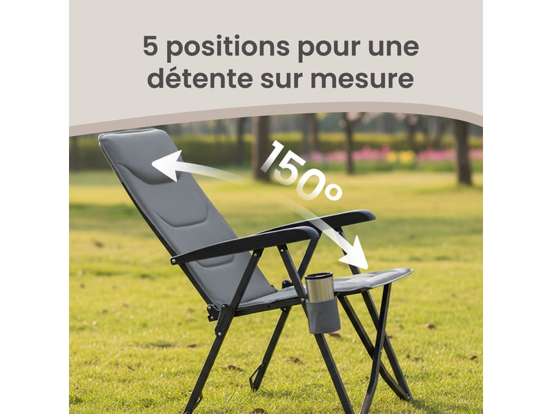 Chaise de camping, dossier réglable 95°-150°, porte-gobelet, sac de transport, pêche, jardin, gris  - Conforama C