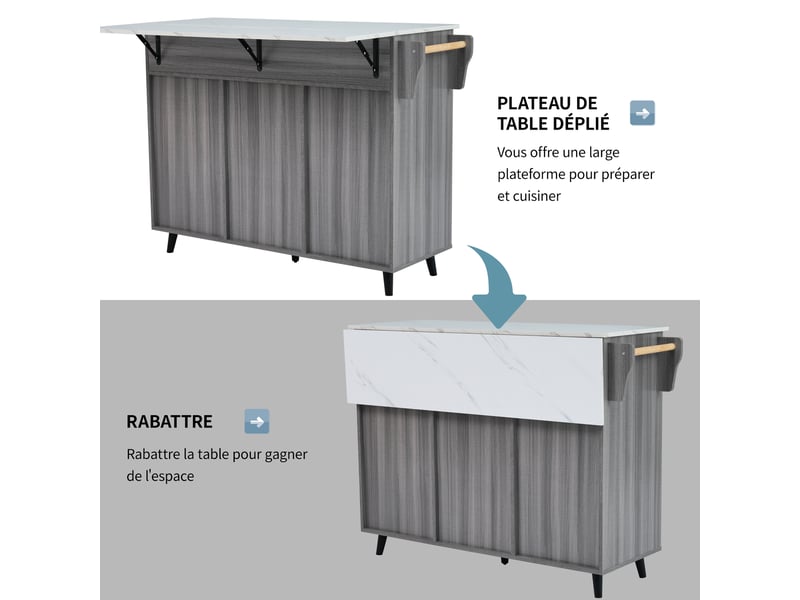  Desserte de cuisine,129x46x91,5 cm,avec plan extensible,mdf,gris et blanc  - Conforama E