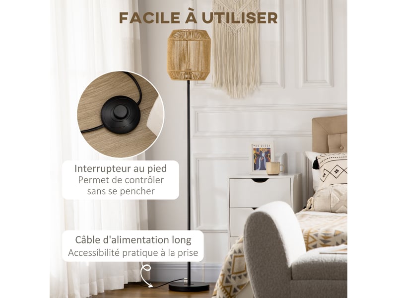  Lampadaire sur pied salon abat-jour en corde de papier  26 x 164h cm - design naturel base e27 max. 40w  - Conforama E