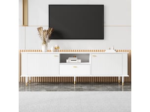 Meuble tv blanc 170 cm mdf laqué avec pieds dorés et rangement
