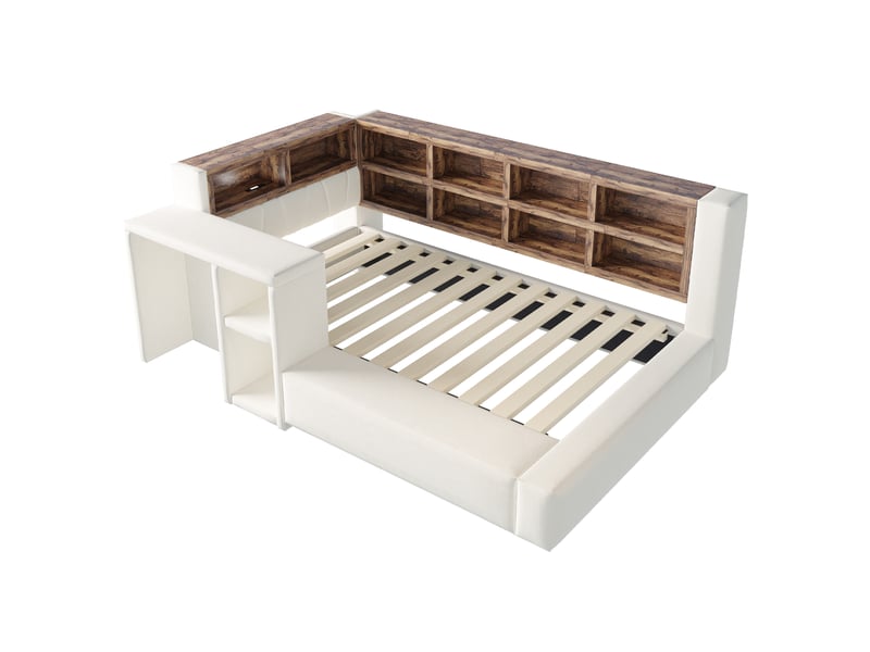  Lit rembourré beige 90x200 cm avec rangements, led, prises et table d’appoint  - Conforama E