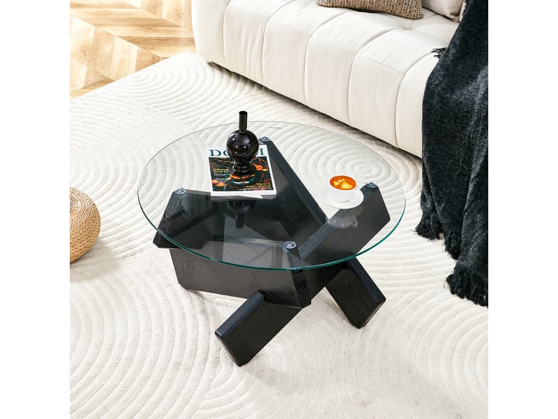  Table basse ronde moderne en verre et mdf, pieds effet bois noir, ø79 cm, design élégant  - Conforama E