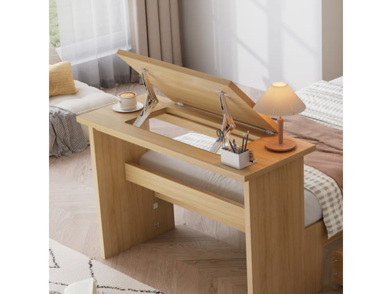  Lit enfant 90x200 cm avec rangements – tête de lit, étagère, tiroir coulissant, table pliante, bois naturel  - Conforama E