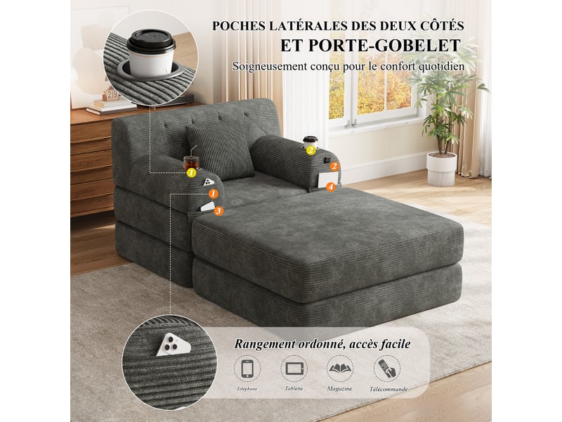  Fauteuil convertible en velours côtelé gris foncé 107x162x81 cm, 2 porte-gobelets, 4 poches, avec repose-pieds 107x162x81cm - Conforama E