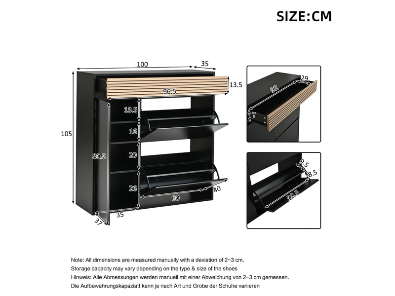  Meuble à chaussures étroit 100x35x105 cm avec tiroir et portes abattantes mdf noir + bois naturel  - Conforama C