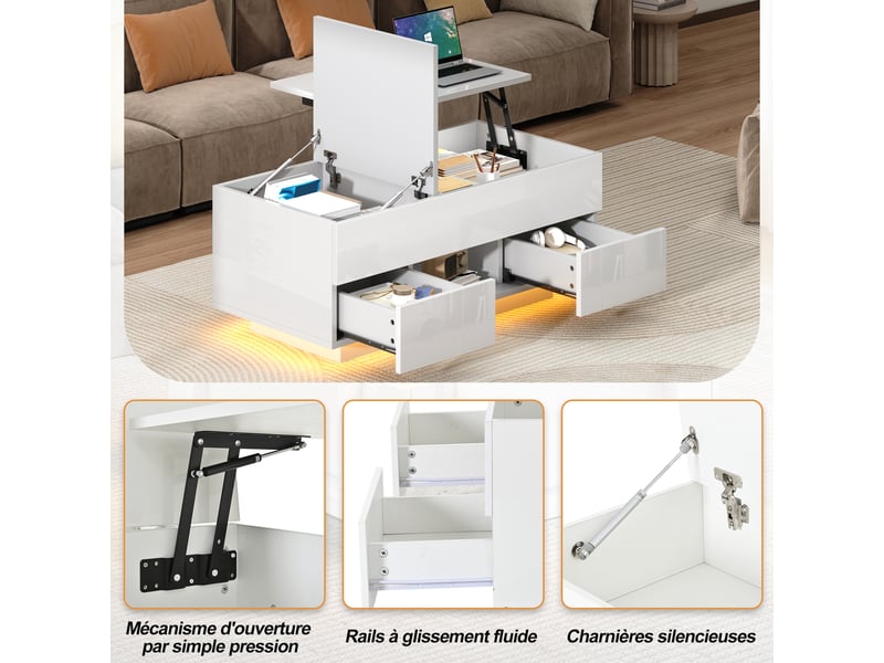  Table basse relevable, table basse avec 2 tiroirs et 2 portes coulissantes, table de salon moderne, 100x50x36 cm, blanc  - Conforama D