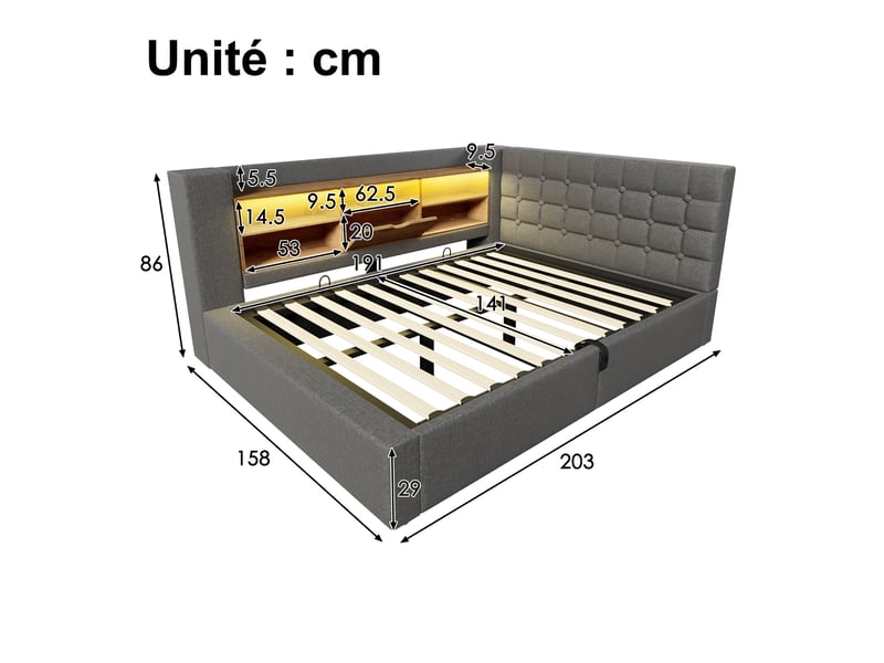 Lit coffre 140x190 cm - lit double avec rangement hydraulique, led intégrée et ports usb type-c, tête de lit fonctionnelle - sans matelas - lin gris - Conforama C