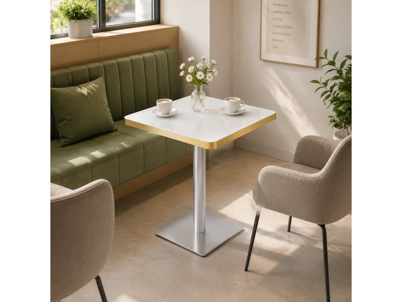  Table à manger carrée, 60x60x74 cm, effet marbre uv, repas, salle à manger, plateau mdf, piètement métal, coloris blanc  - Conforama E