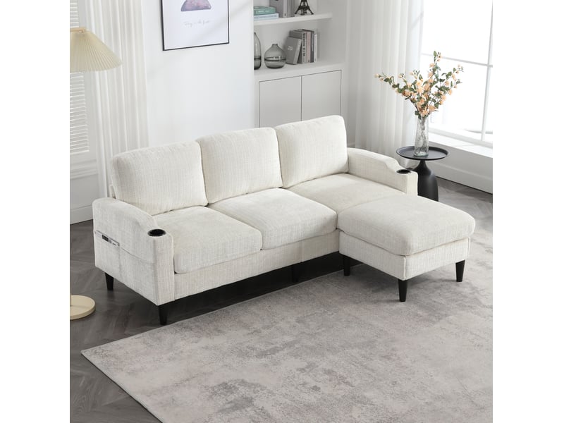 Canapé 4 places avec pouf de rangement beige en chenille  - Conforama B