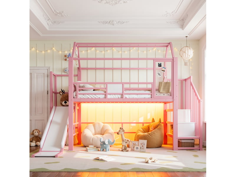  Lit mezzanine avec toboggan, led bluetooth en mdf et métal rose  - Conforama C