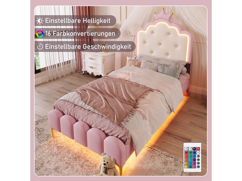  Lit enfant 90x200 cm - lit simple style capitonné avec tête de lit couronne et lumières led télécommandées, cadre solide, sans matelas - rose  - Conforama D