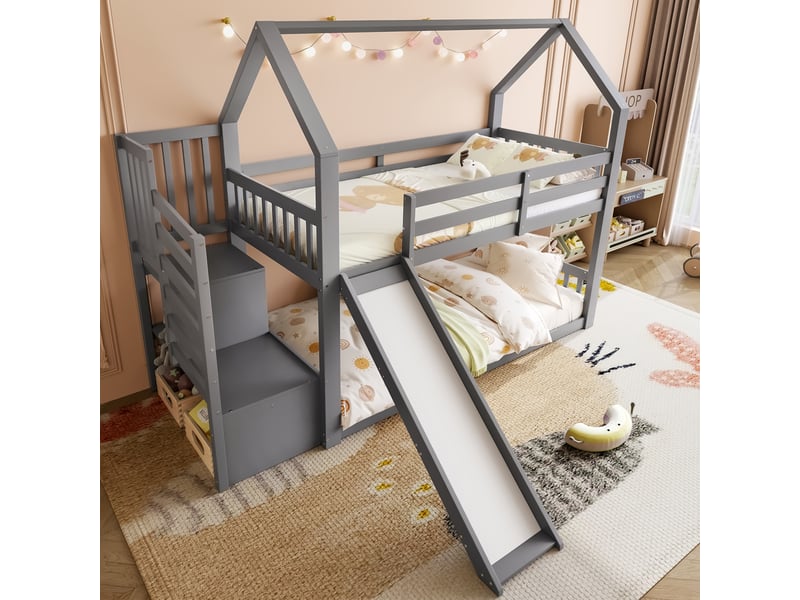  Lit superposé enfant 90 × 200 cm 1 place avec toboggan, escalier de rangement et barrières, sans matelas, gris  - Conforama E