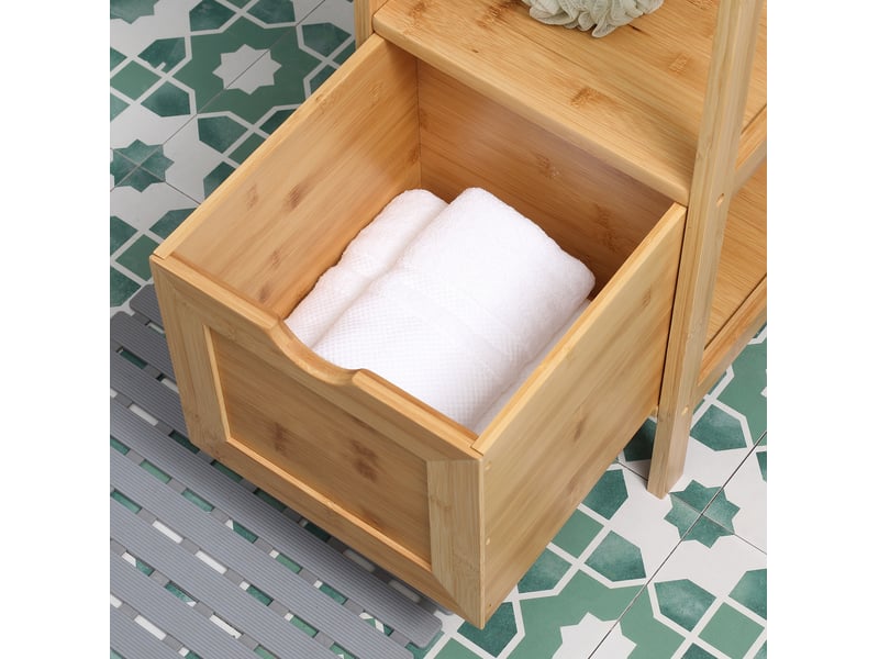  Meuble haut de salle de bains 30x30x140 cm avec 3 compartiments ouverts et 2 tiroirs amovibles naturel  - Conforama C
