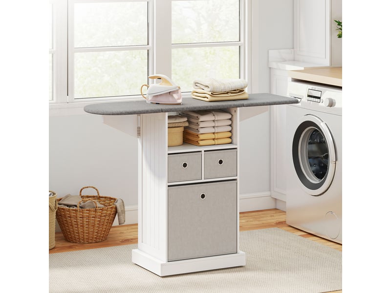  Meuble de rangement pour table à repasser à roulettes, table à repasser pliable, 3 tiroirs en tissu, 121 x 37 x 89,5 cm, blanc  - Conforama C