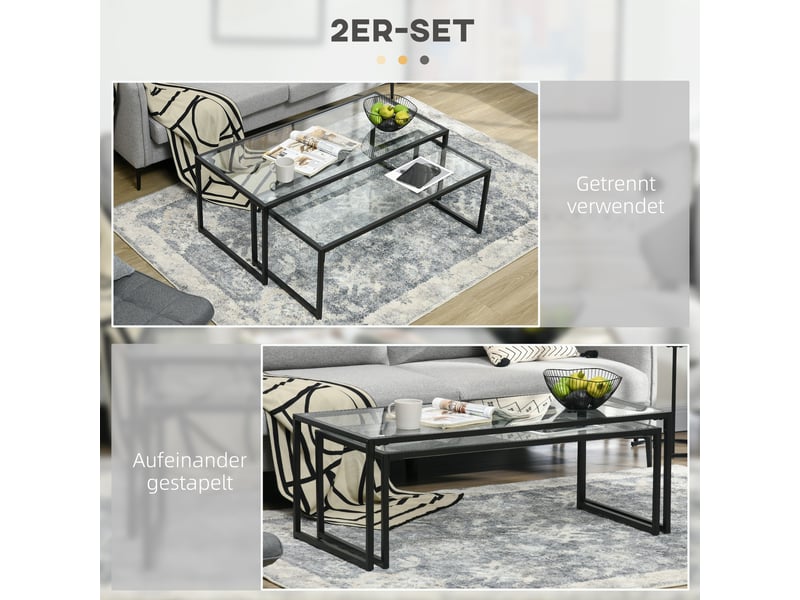 Table basse lot de 2 en acier avec plateaux en verre, noire, pour salon ou chambre - Conforama E