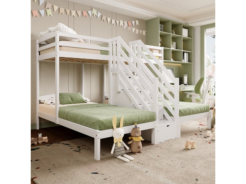  Lit mezzanine 90 x 200 cm de pin, lit triple 3 lits, échelle avec tiroirs, garde-corps, lit adulte avec barrières de sécurité, blanc  - Conforama R