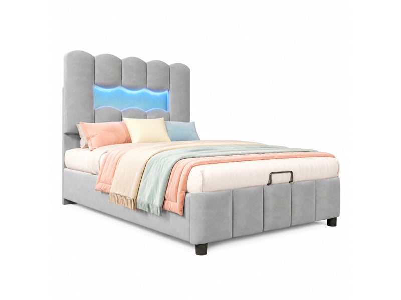  Lit coffre simple 90x200 cm en velours gris avec rangement hydraulique, led et tête réglable, sans matelas  - Conforama A
