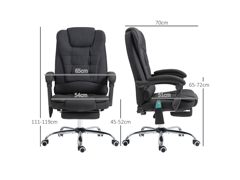  Fauteuil de bureau massant et chauffant, chaise de bureau, lin (100% polyester), 65x70x119cm, noir  - Conforama E