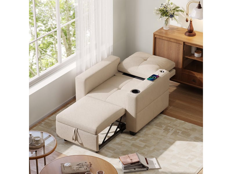  Fauteuil convertible 3-en-1 multifonction 90 x 78 x 90 cm - avec prise usb et tablette pliante –  chenille - beige  - Conforama D