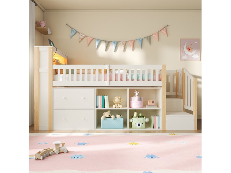  Lit mezzanine  90x200 cm avec rangements et led coloris naturel et blanc  - Conforama D