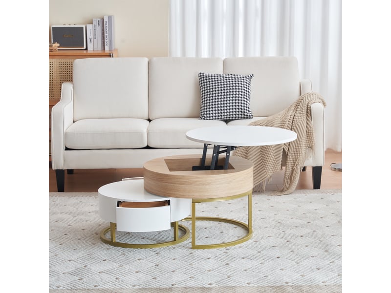  Lot de 2 tables basses rondes 70x70x42-56,5 cm + 60x60x27 cm relevables, blanc et bois  - Conforama B