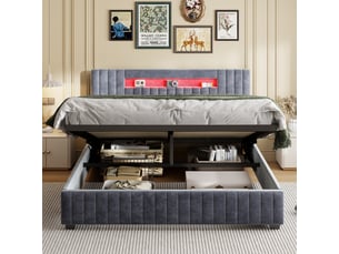 Lit coffre 2 places 160x200 cm, lit adulte avec rangement, tête de lit avec led, design simple, velours gris