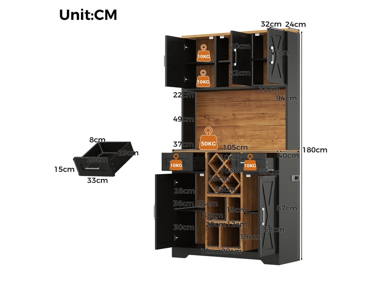  Buffet haut de cuisine 105 x 40 x 180 cm – naturel et noir – led rgb, prises usb et casier à vin amovible  - Conforama C