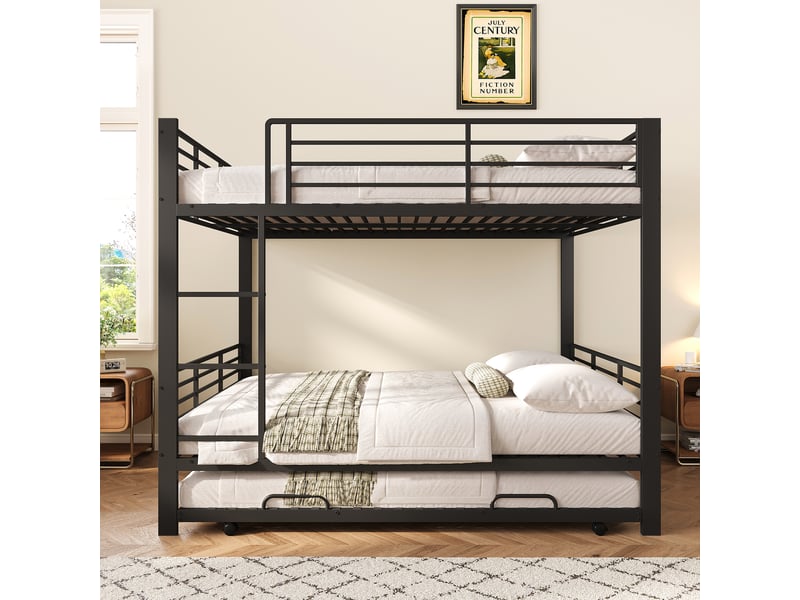Lit superposé enfant 140x200 cm avec lit gigogne, 3 couchages, rangement gain de place, barrière de sécurité, structure métallique, noir Radiant Stride - Conforama D