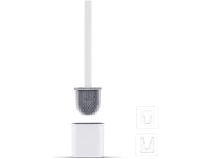 Balayette wc silicone anti-goutte : support aéré, séchage rapide & zéro odeur. Fixation murale ou sol, blanc.