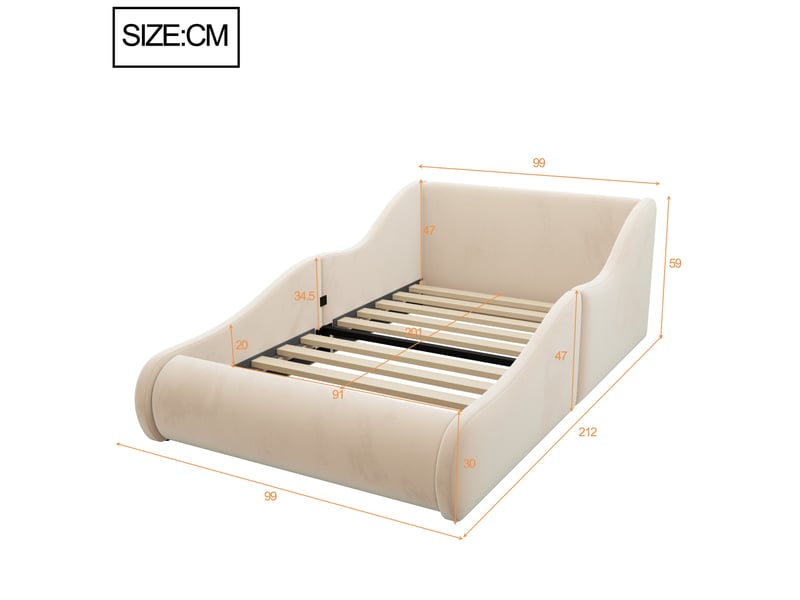  Lit enfant rembourré 90 x 200 cm avec côtés de protection et tête de lit haute, velours beige Fay Lum - Conforama C