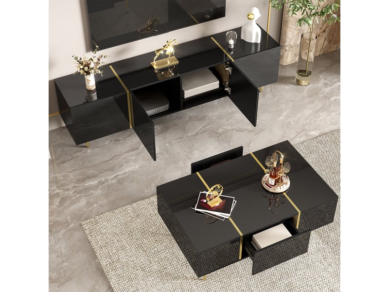  Meuble tv noir brillant avec coffres et table basse assortie  - Conforama E