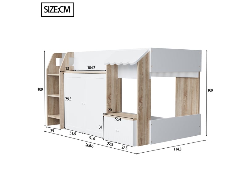  Modenvie lit mezzanine enfant 90x200 cm - avec rangement et echelle large, sans matelas - blanc  - Conforama C