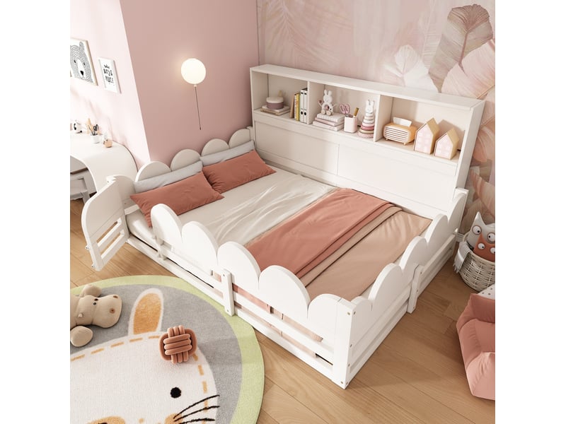  Lit au sol enfant 140x200 cm avec sommier, barrière, porte et étagère blanc  - Conforama D