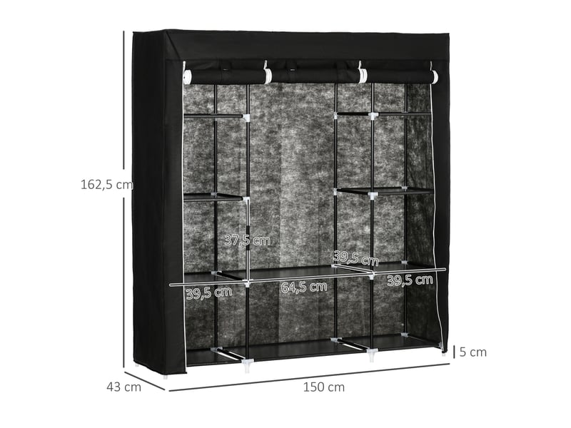  Armoire en tissu 150x43x162,5 cm avec 1 tringle et 10 compartiments métal noir  - Conforama C