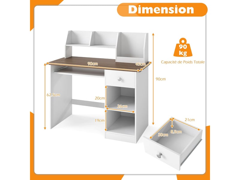 3 en 1 bureau enfant avec rangement, avec 1 tiroir 2 étagères, table enfant en bois avec plateau à clavier, 90x45x90cm (naturel)  - Conforama C