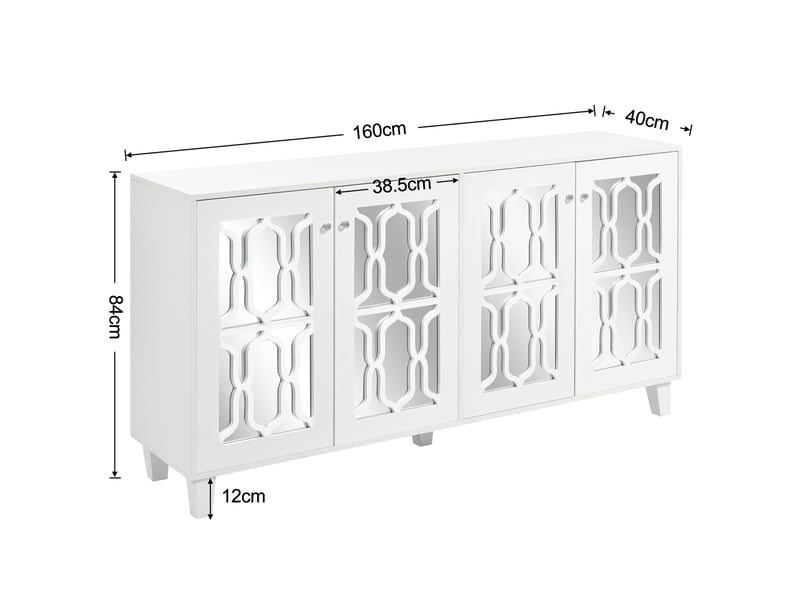  Buffet bas blanc avec finition miroir, 4 portes, poignées effet cristal et étagère intérieure mobile, 160 x 40 x 84 cm  - Conforama E