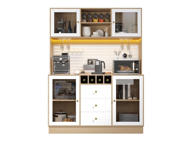  Armoire de cuisine, rangement bouteilles et verres, avec éclairage led, coloris blanc, pour salon, design moderne, pour intérieur  - Conforama C