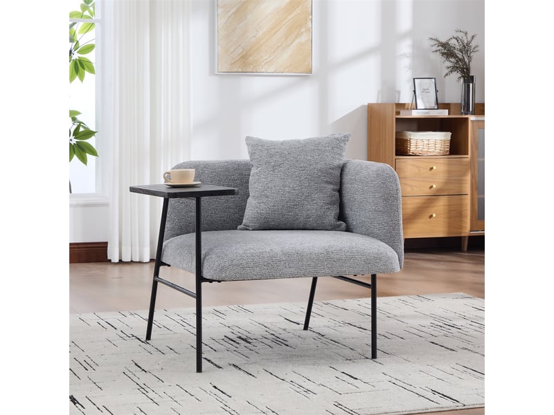  Fauteuil de salon moderne avec table d'appoint - 86x72x71cm - design avec poches de rangement et cadre métal - gris  - Conforama B