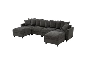 Canapé d'angle modulaire en u-l-forme, 6 places avec 2 repose-pieds mobiles ; connexion usbtype-c ; 8 coussins ajustables + 2 coussins décoratifs ; chenille à motif gaufré, gris
