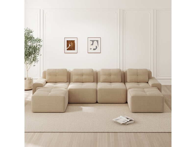  Canapé d'angle, canapé modulable : style cloud, base antidérapante, sans cadre, sans montage, avec méridienne, en velours tricoté, 4 places, forme u  - Conforama R