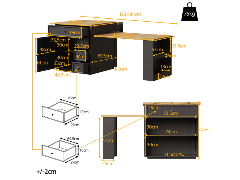  Îlot de cuisine extensible 120-184x70x94 cm avec tiroirs et roulettes, noir  - Conforama C
