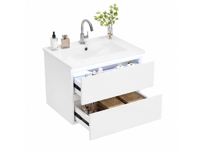  Meuble vasque suspendu blanc 61 cm avec lavabo en céramique, led à détection et 2 tiroirs  - Conforama A
